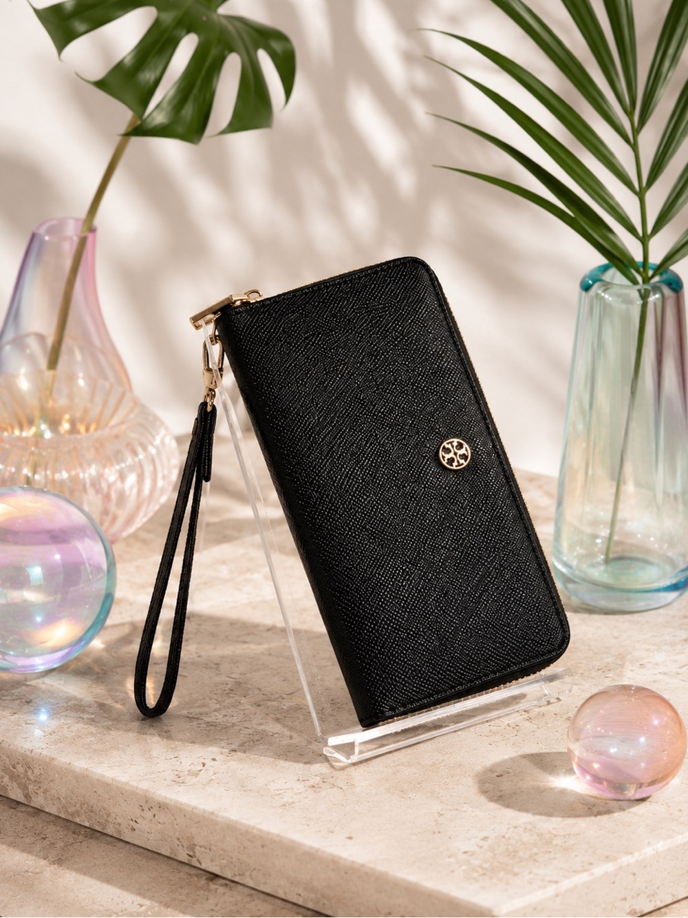 Tory Burch Black Saffiano Leather Perry Zip Passport Continental Wallet/Wristlet